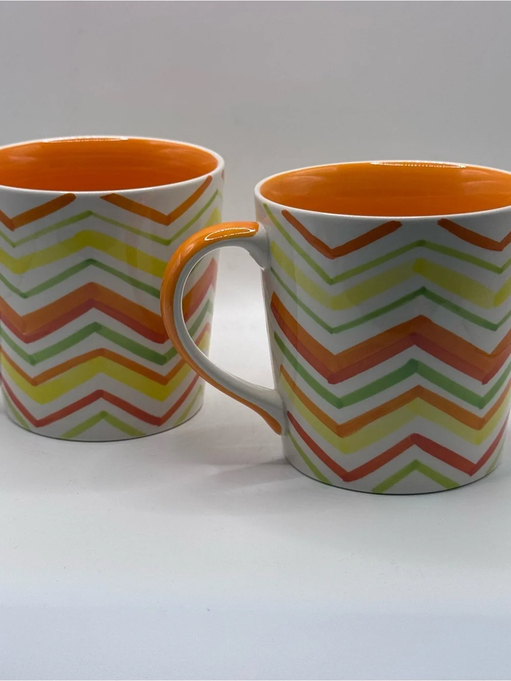 CRATE & BARREL Bright Chevron Coffee Mugs, Citrus Orange/Yellow/Green, Set Of 2